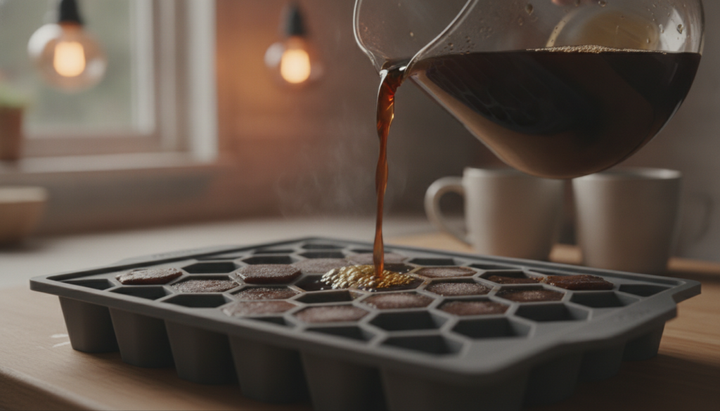 Close-up of coffee ice cubes in a silicone ice tray with rich brown liquid coffee visible Some cubes are already frozen 