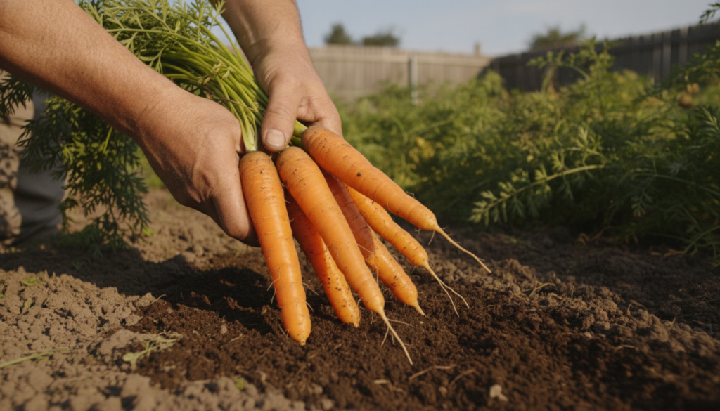 A close-up of a gardener harvesting long perfectly straight carrots from loose healthy soil The roots are clean and vibr