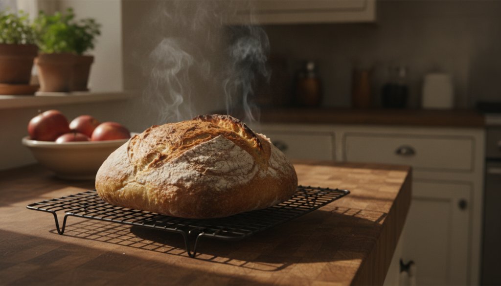 A freshly baked golden-brown rustic loaf of bread on a cooling rack steam gently rising from it in a home kitchen settin
