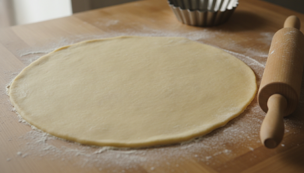 A rolled-out uncooked pastry dough disk on a lightly floured surface with a rolling pin nearby ready for shaping into a 