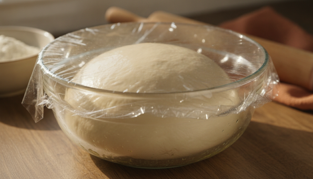 A perfectly risen smooth ball of pizza dough resting in an oiled bowl covered with plastic wrap in a warm kitchen settin