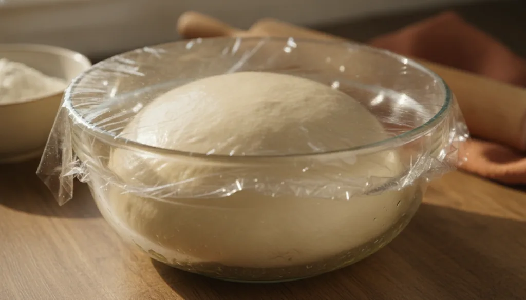 A perfectly risen smooth ball of pizza dough resting in an oiled bowl covered with plastic wrap in a warm kitchen settin