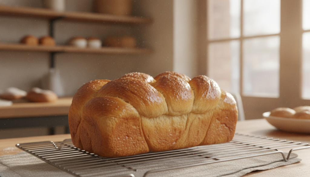 A beautiful braided brioche loaf golden brown and glistening with an egg wash on a cooling rack in a bakery setting