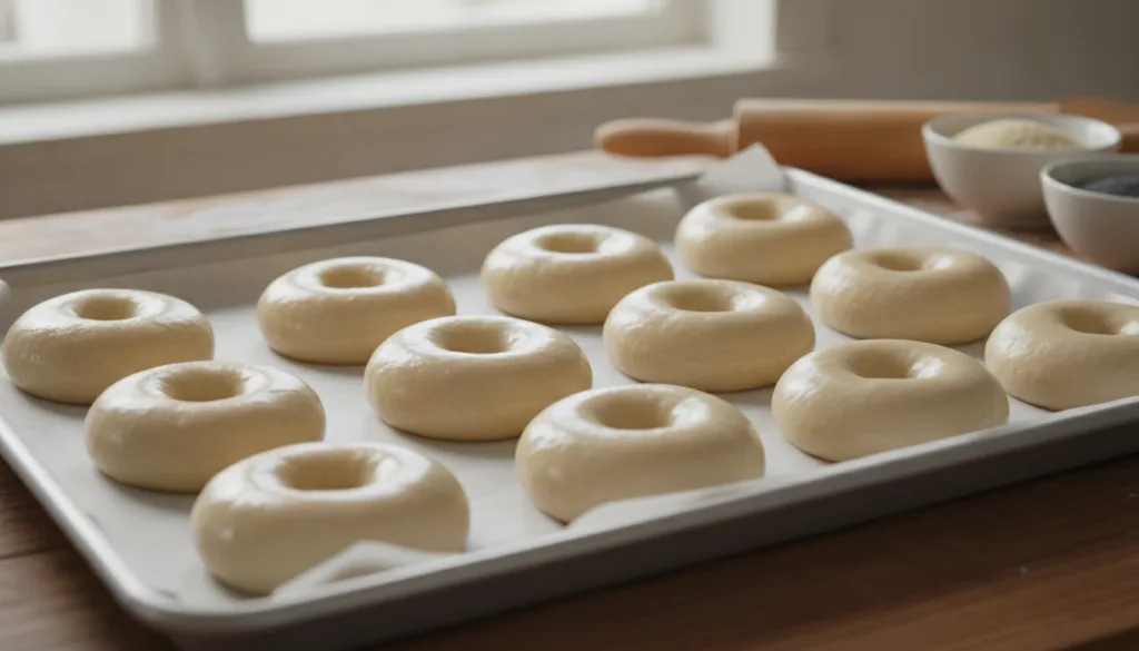 Freshly boiled unbaked bagels arranged on a baking sheet glistening and ready for the oven in a brightly lit kitchen