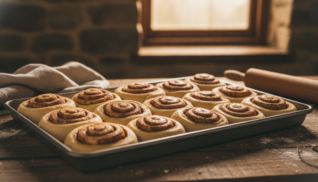A tray of unbaked cinnamon rolls perfectly proofed and nestled together ready to go into the oven in a rustic kitchen se