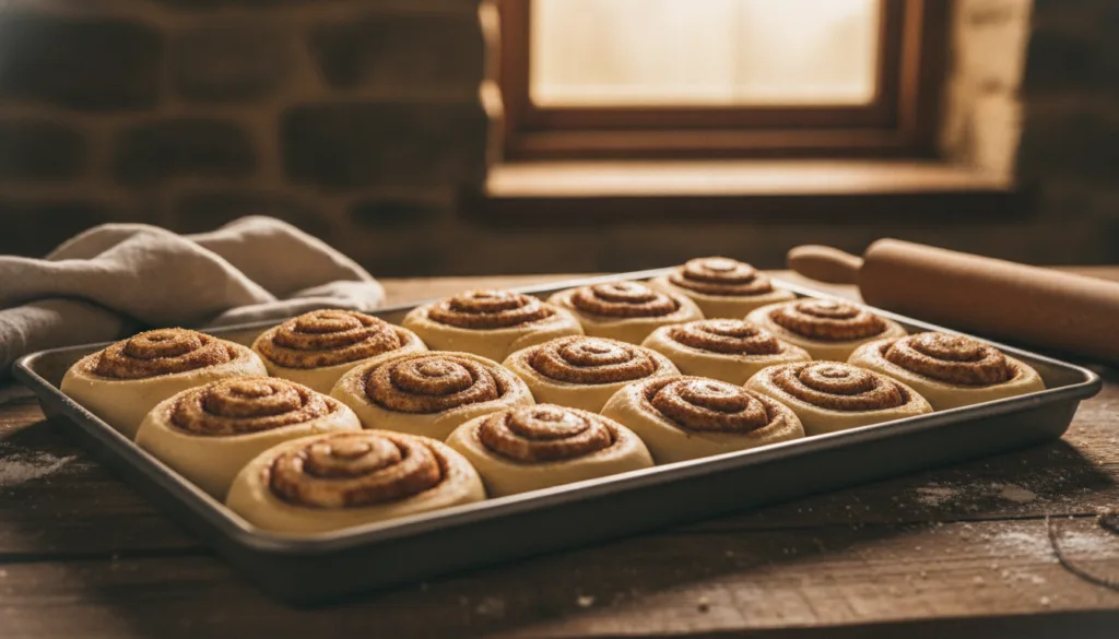 A tray of unbaked cinnamon rolls perfectly proofed and nestled together ready to go into the oven in a rustic kitchen se