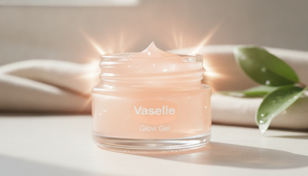 A close-up of a small glass jar containing the freshly mixed Vaseline Glow Gel with a soft glowing light reflecting off 