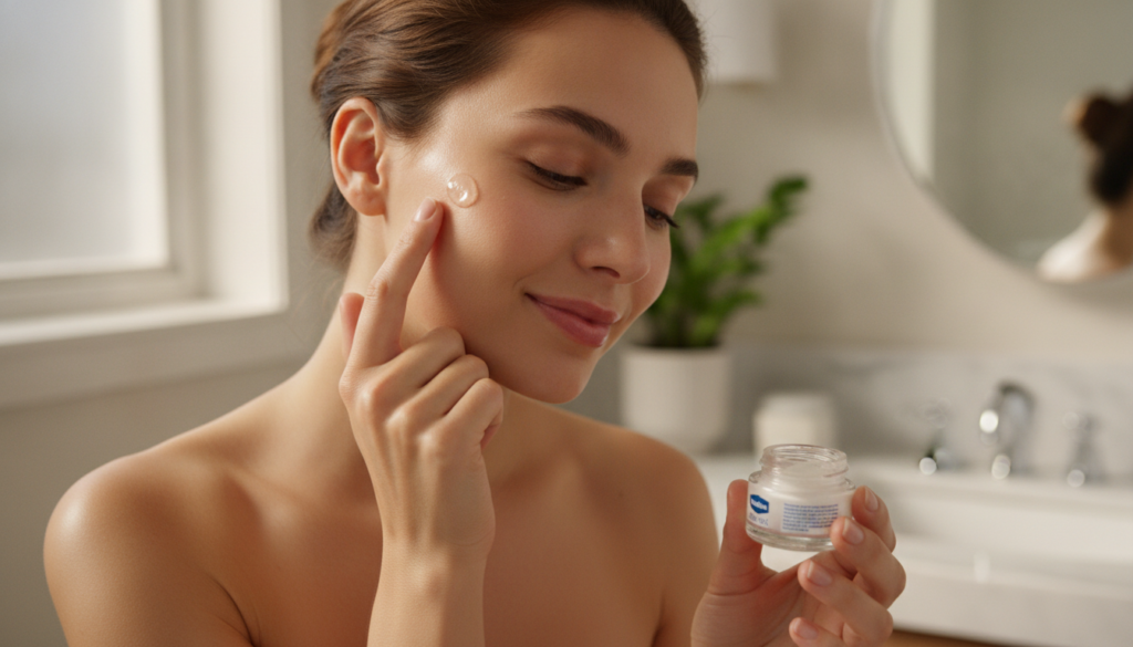 A woman gently dabbing a small amount of the Vaseline Glow Gel onto her cheekbone with her fingertip showcasing the subt