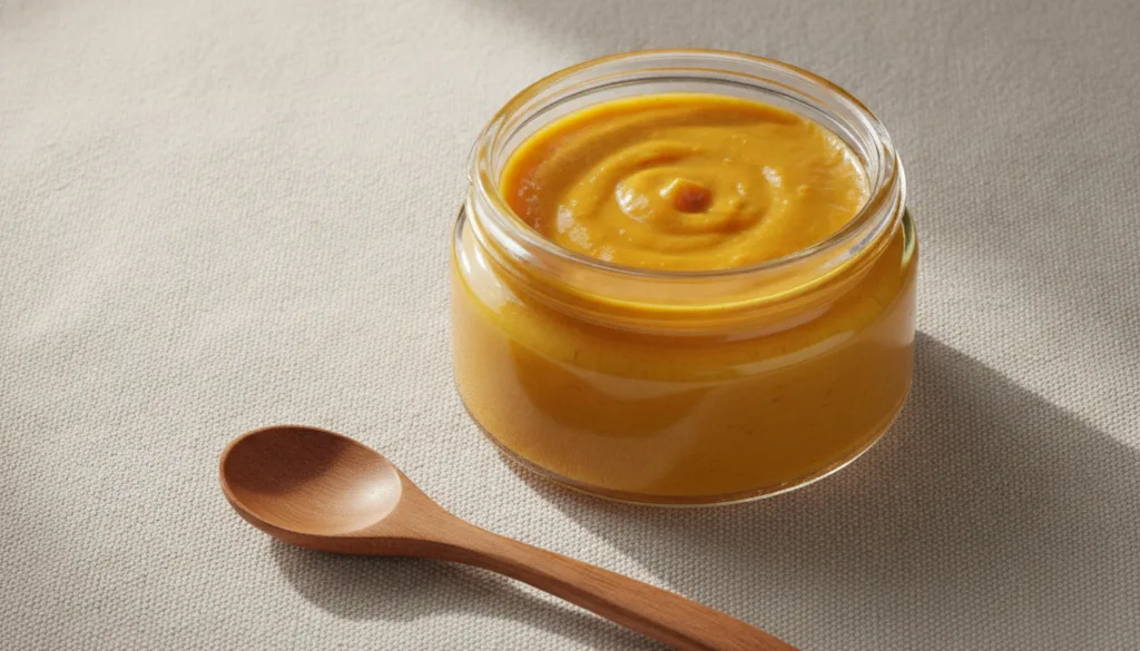 A smooth yellow-orange paste in a small glass jar labeled as DIY Turmeric Vaseline Cream with a small spoon resting besi