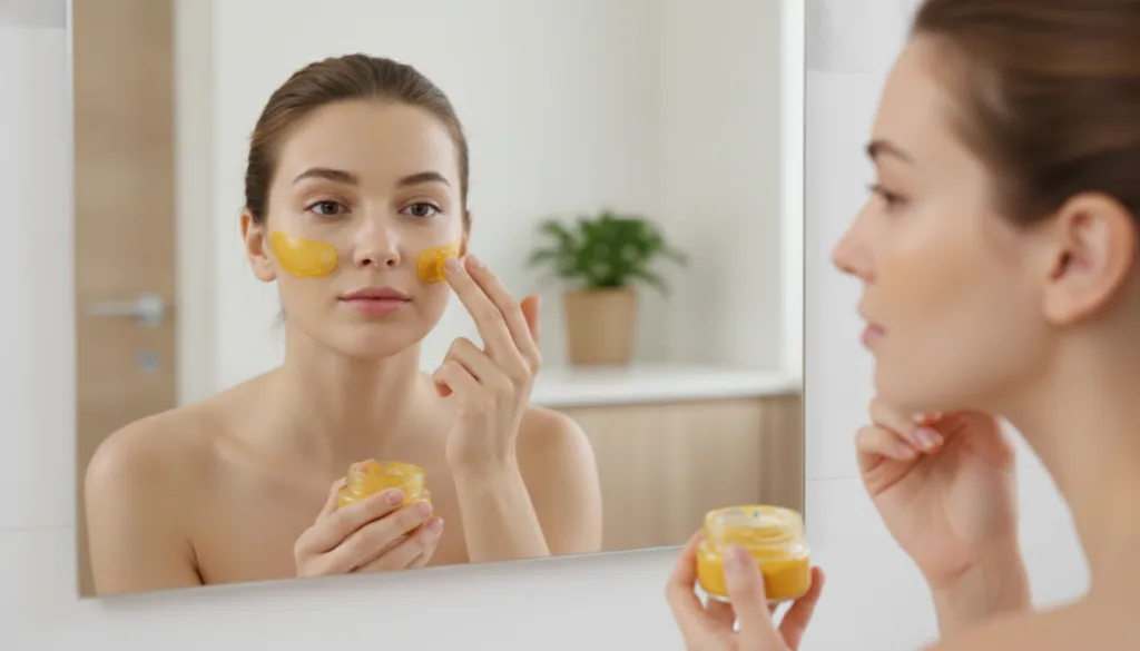 A woman gently applying a thin layer of the yellow turmeric and Vaseline paste to her cheek with her fingertips in a bri