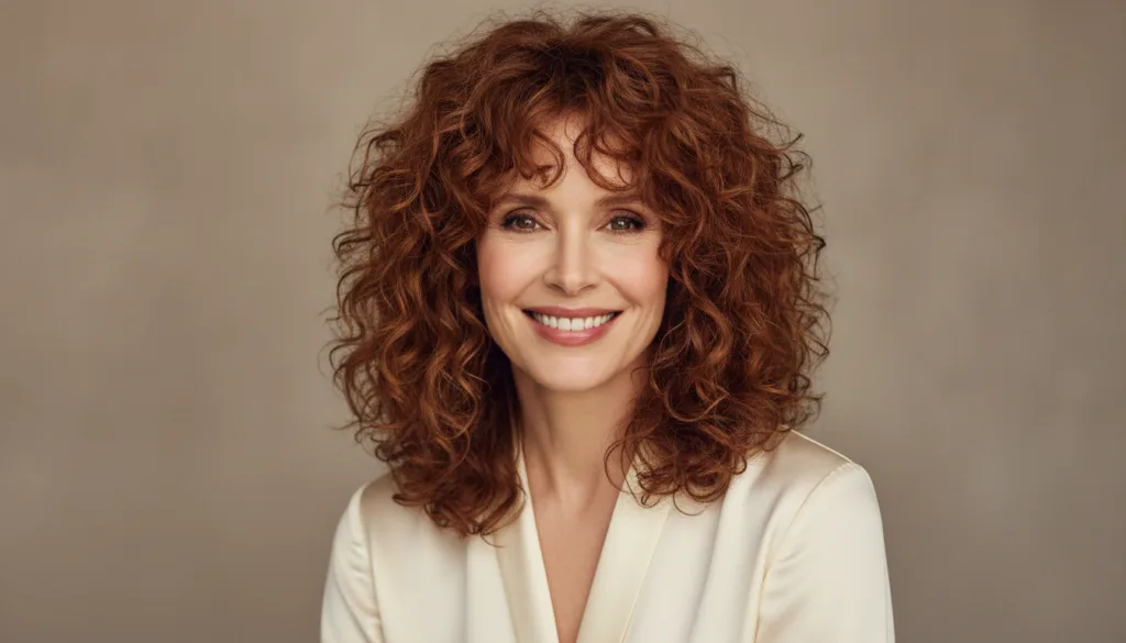 Andie MacDowell in a recent elegant portrait smiling with her curly hair