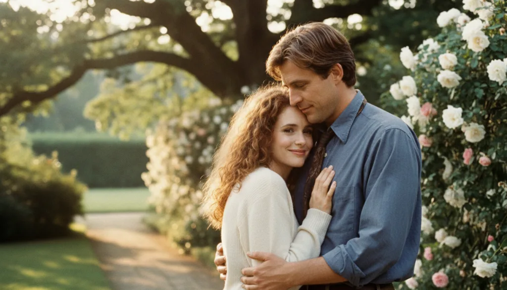 Andie MacDowell and Hugh Grant in a romantic scene from Four Weddings and a Funeral