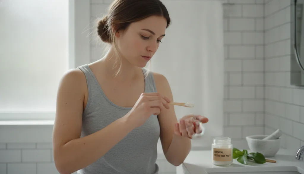 A woman carefully performing a patch test of a homemade paste on her inner forearm with a focused expression The setting