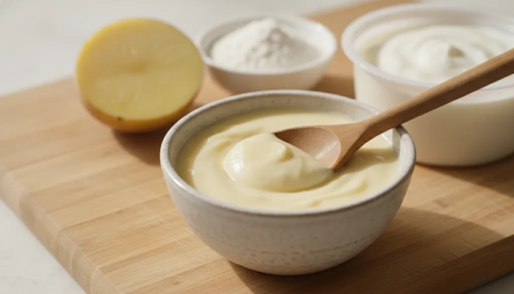 A close-up shot of a creamy light-yellow natural skin brightening paste in a small ceramic bowl with a wooden spoon Ingr