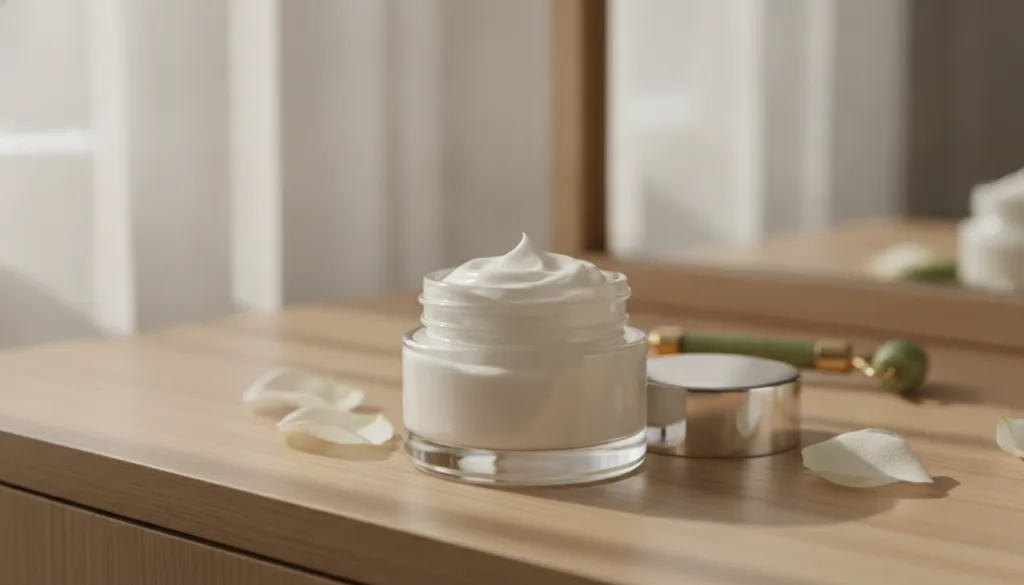 A small elegant glass jar filled with a creamy white homemade anti-aging face cream placed on a smooth light-colored sur