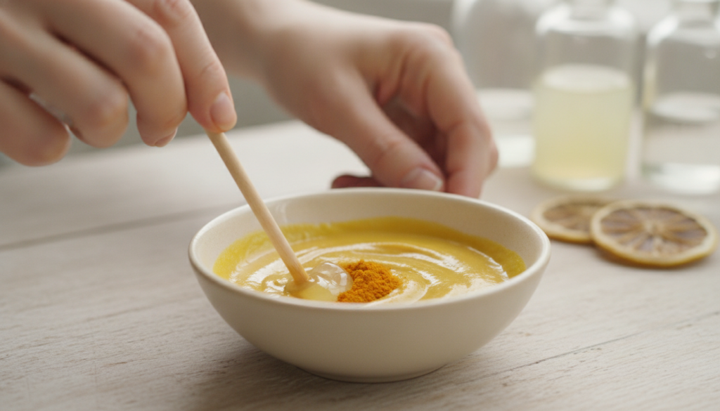 Close-up of a person s fingers gently mixing Vaseline lemon juice and turmeric powder in a small ceramic bowl with a woo