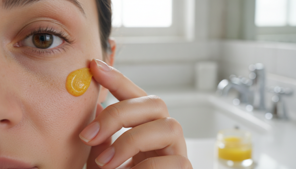 A person s hand gently dabbing a small amount of the yellow Vaseline lemon and turmeric balm onto their cheek near the e