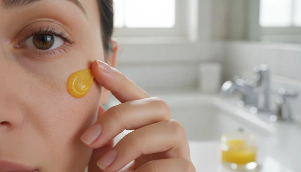 A person s hand gently dabbing a small amount of the yellow Vaseline lemon and turmeric balm onto their cheek near the e