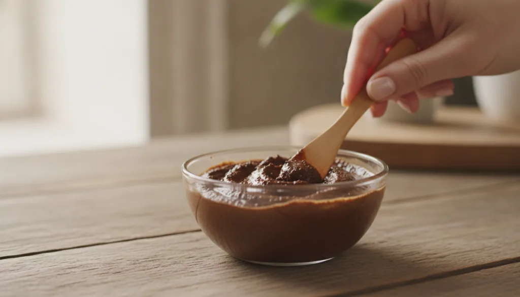 Close-up of a DIY coffee scrub in a bowl with a hand mixing the ingredients