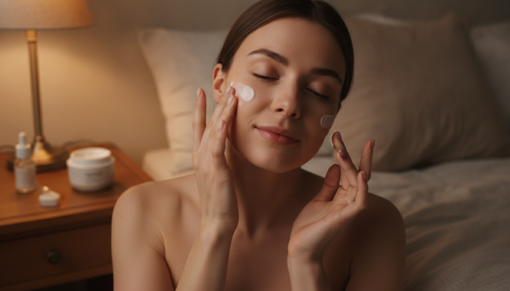 A woman gently applying a small amount of night cream to her face with her fingertips her eyes closed in relaxation The