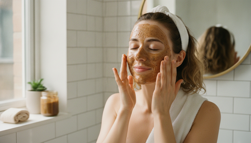 A woman gently applying a coffee and honey face mask to her clean face with a soft natural expression