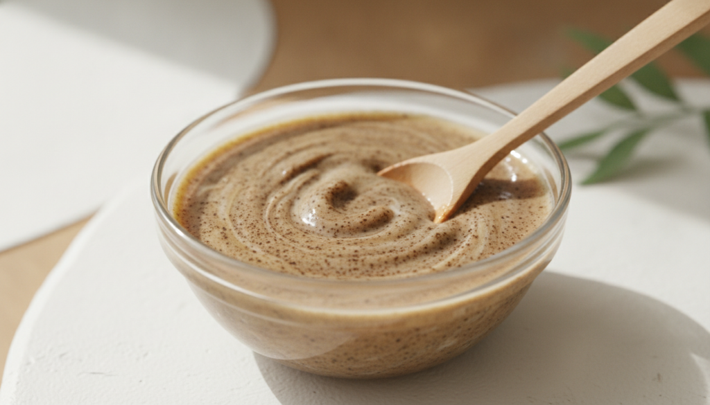 A close-up shot of a small glass bowl containing a freshly mixed coffee and honey face mask with a spoon resting in it
