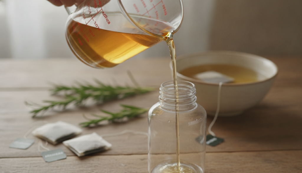 Close-up of a hand pouring apple cider vinegar and water into a spray bottle with fresh rosemary sprigs and black tea ba