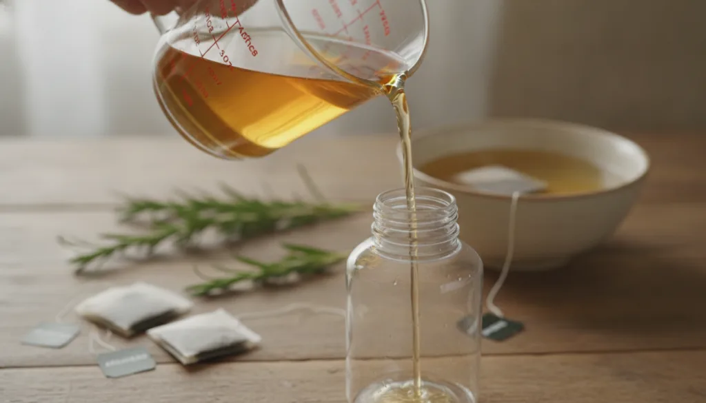 Close-up of a hand pouring apple cider vinegar and water into a spray bottle with fresh rosemary sprigs and black tea ba