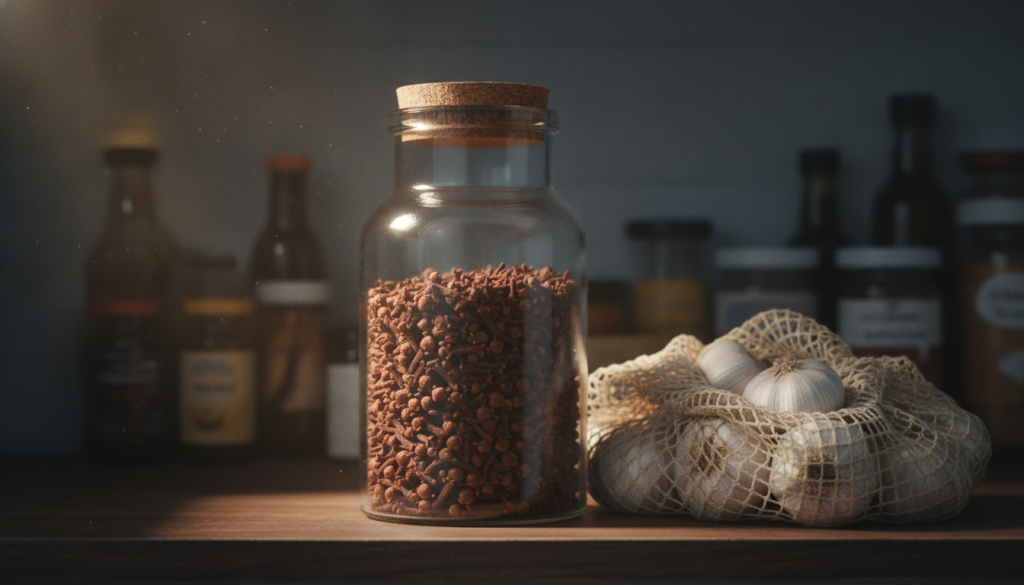 A storage jar filled with whole dried cloves and a mesh bag of fresh garlic heads clearly labeled and stored in a cool d