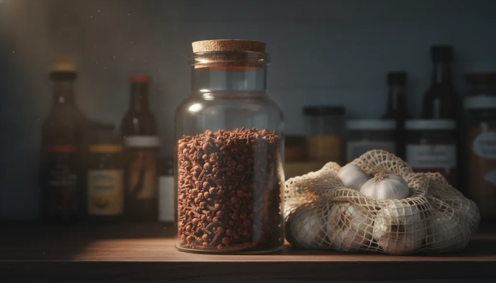 A storage jar filled with whole dried cloves and a mesh bag of fresh garlic heads clearly labeled and stored in a cool d