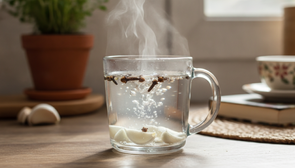 A close-up of crushed garlic cloves and whole dried cloves steeping in hot water in a clear glass mug with steam gently 