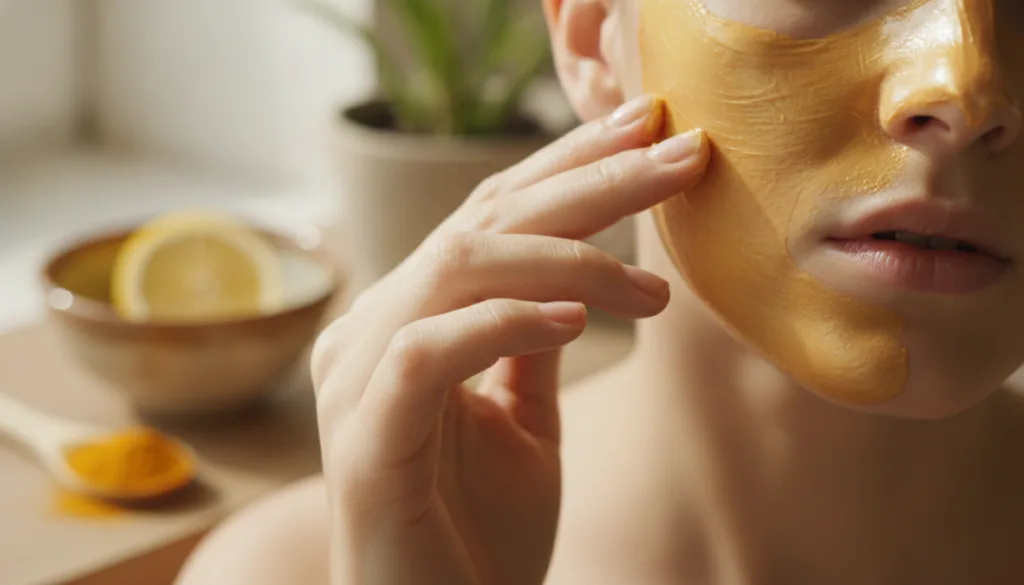 A close-up of a woman gently applying a DIY natural face mask mixture to her cheek with a bowl of ingredients like turme
