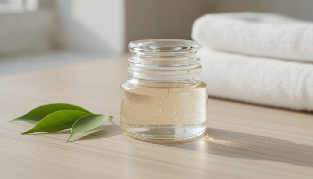 A small clear glass jar filled with a translucent light amber-colored DIY night gel placed on a wooden vanity next to a 