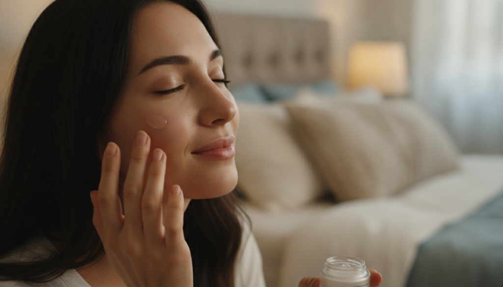 A woman with clear glowing skin gently applying a small amount of the night gel to her face before bed looking serene Th