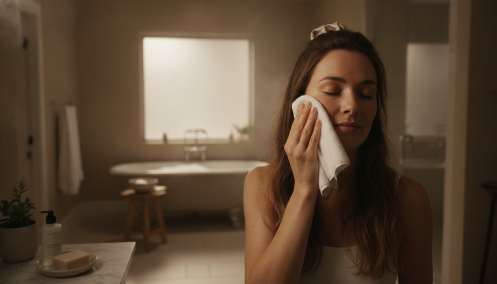 A woman gently cleansing her face with a soft cloth in a tranquil bathroom setting at night
