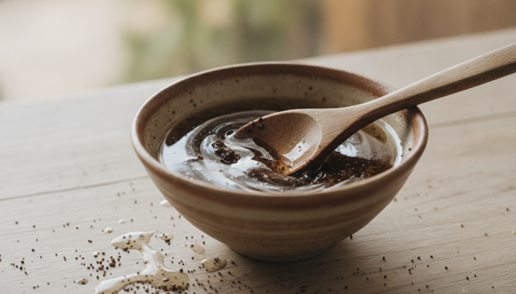 A close-up of coffee grounds being mixed with baby oil in a small bowl creating a paste for a DIY face scrub