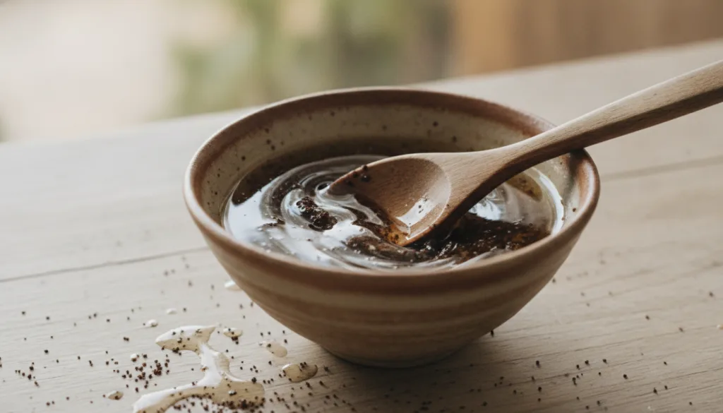 A close-up of coffee grounds being mixed with baby oil in a small bowl creating a paste for a DIY face scrub