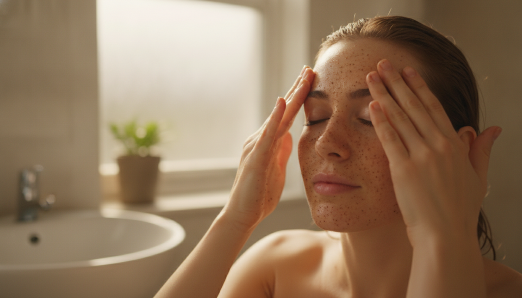 Hands applying the homemade coffee and baby oil scrub to a clean face with gentle circular motions