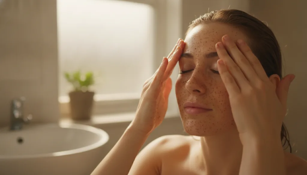 Hands applying the homemade coffee and baby oil scrub to a clean face with gentle circular motions