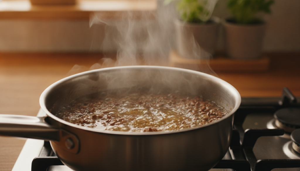 A close-up of flaxseeds simmering in a small saucepan with water showing the liquid starting to thicken into a gel