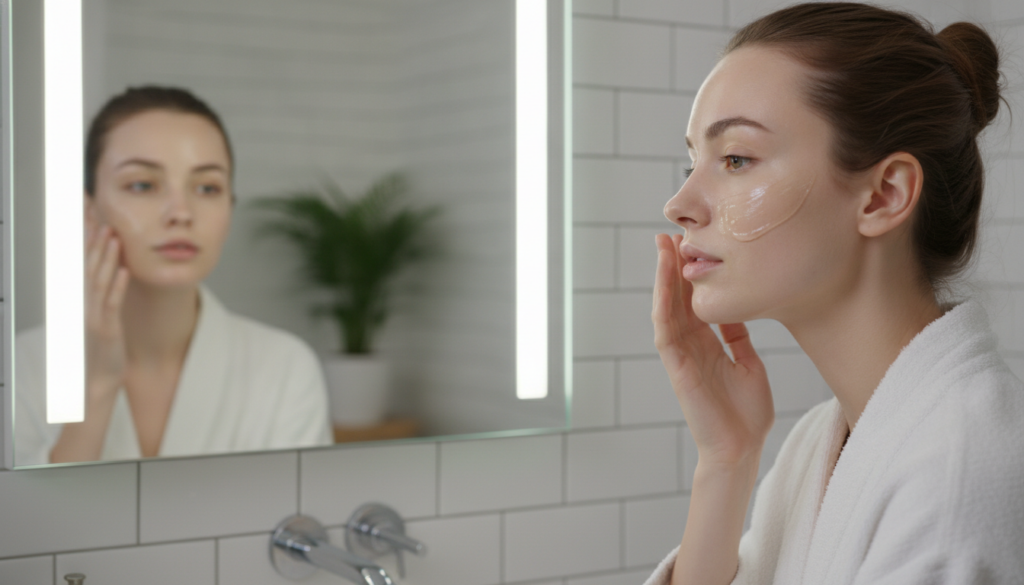 A woman gently applying a thin layer of clear flaxseed gel to her clean face in a bathroom with soft diffused light
