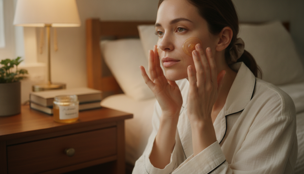 A woman gently applying a small amount of the night gel to her face before bed illustrating the usage steps