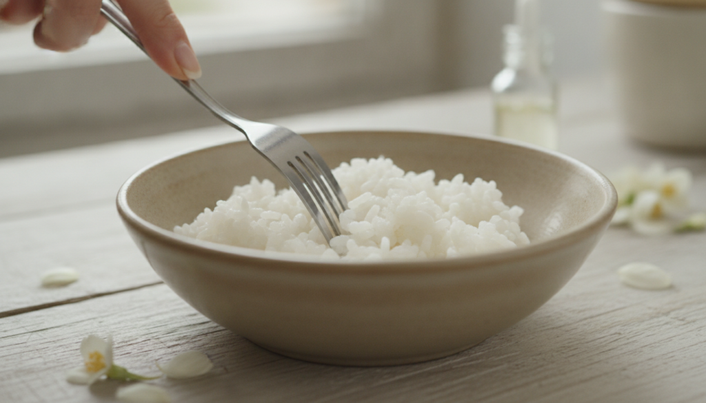 Close-up of a hand gently mashing cooked rice in a bowl preparing it for the night gel recipe