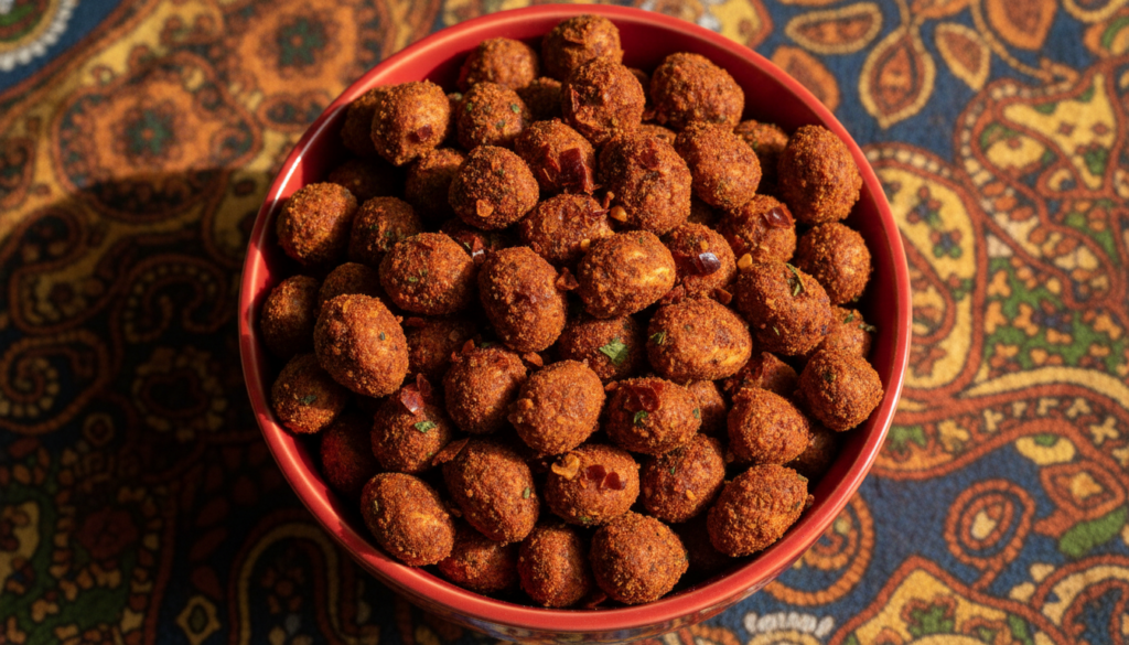 A bowl of spicy red-tinted peanut-coated groundnuts with visible chili flakes in a vibrant lively setting