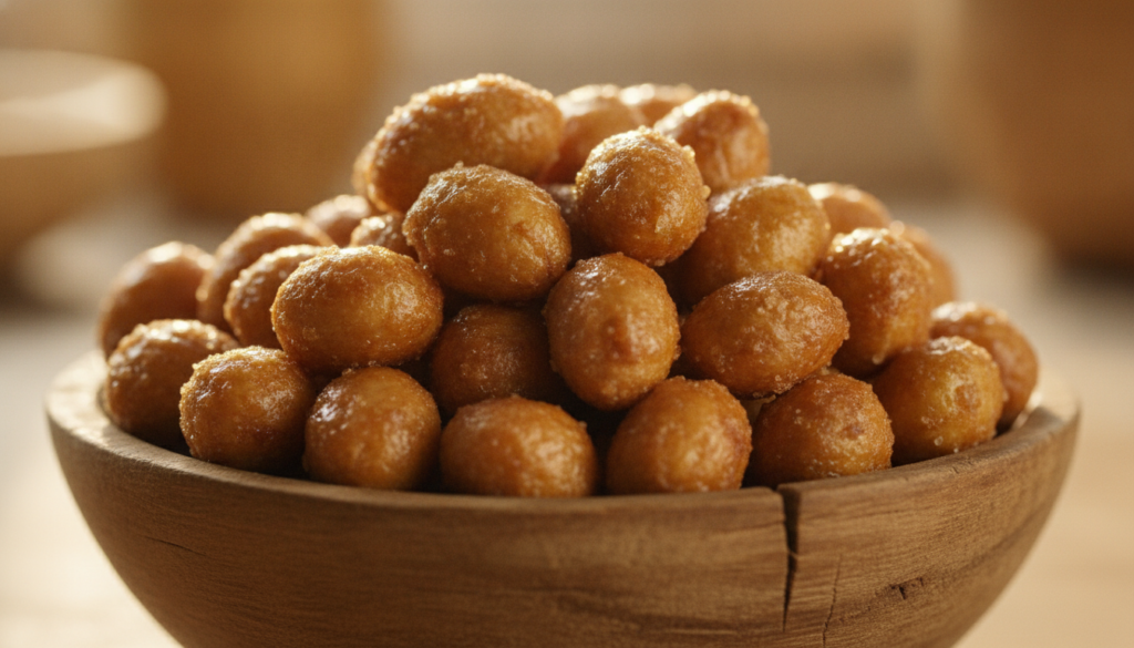 A close-up of glossy golden-brown honey-roasted peanuts with a sticky sweet coating in a small wooden bowl