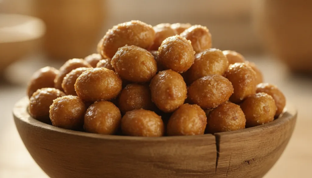 A close-up of glossy golden-brown honey-roasted peanuts with a sticky sweet coating in a small wooden bowl