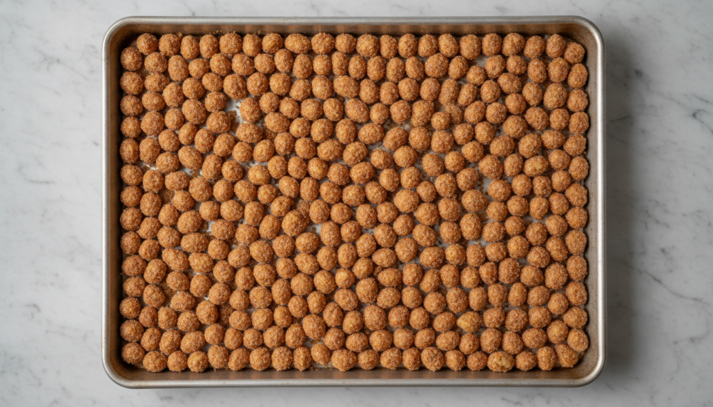 A baking sheet with evenly spaced golden-brown baked peanut-coated groundnuts suggesting a healthier preparation in a cl