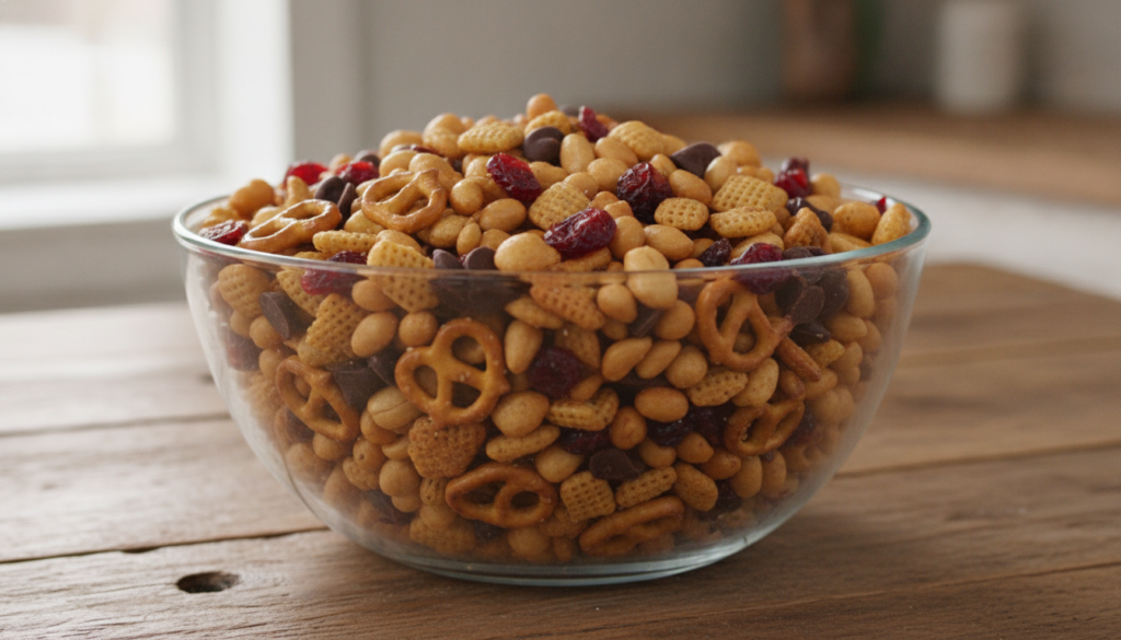 A colorful and varied sweet and salty peanut snack mix with pretzels dried fruit and chocolate pieces in a large glass b