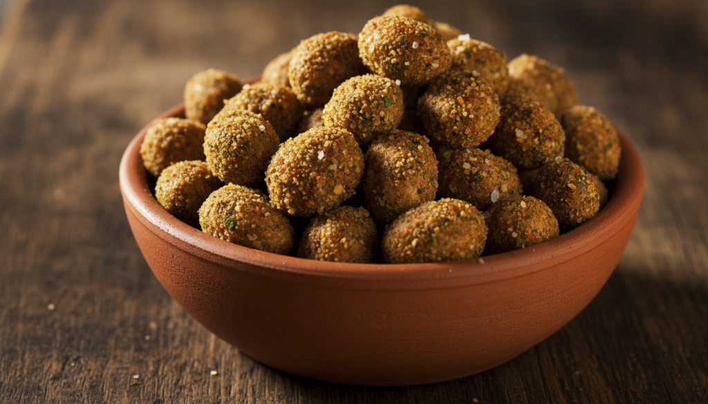 A bowl of savory spiced groundnuts coated in herbs and spices with a rustic earthy feel