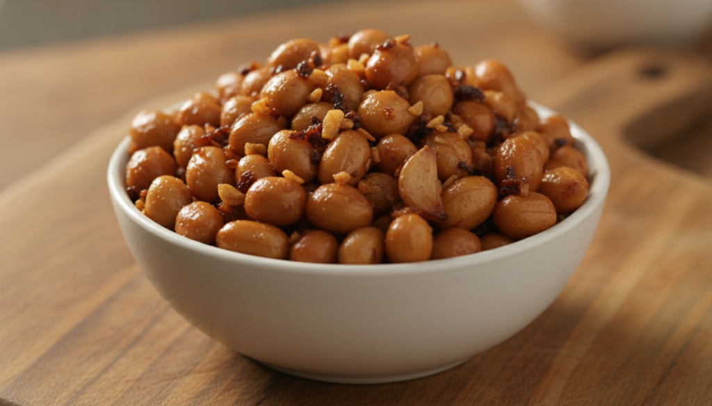 A bowl of golden-brown garlic roasted peanuts with visible roasted garlic bits evoking a rich savory aroma